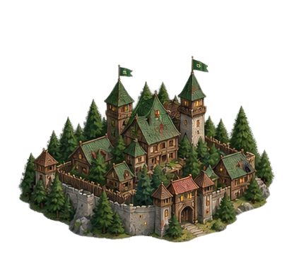 Illustration einer befestigten Stadt in einer hügeligen Landschaft